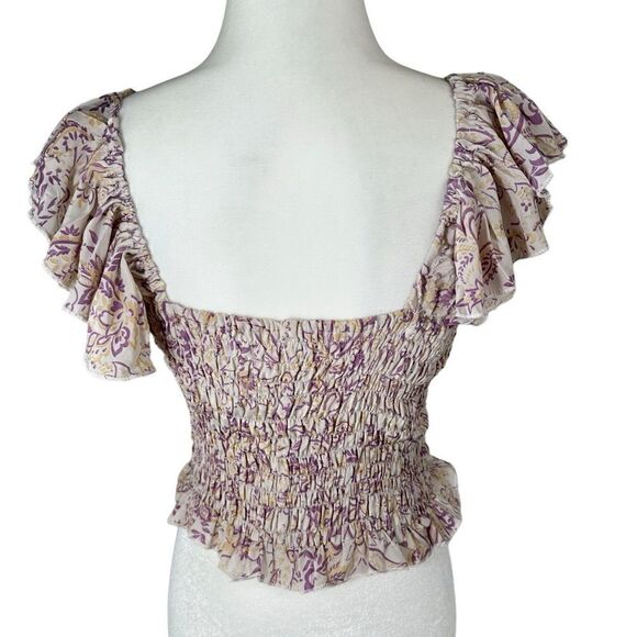 Perry Walker Collective Purple & Yellow Silk Floral Smocked Ruffle Sleeve Top - Picture 7 of 10